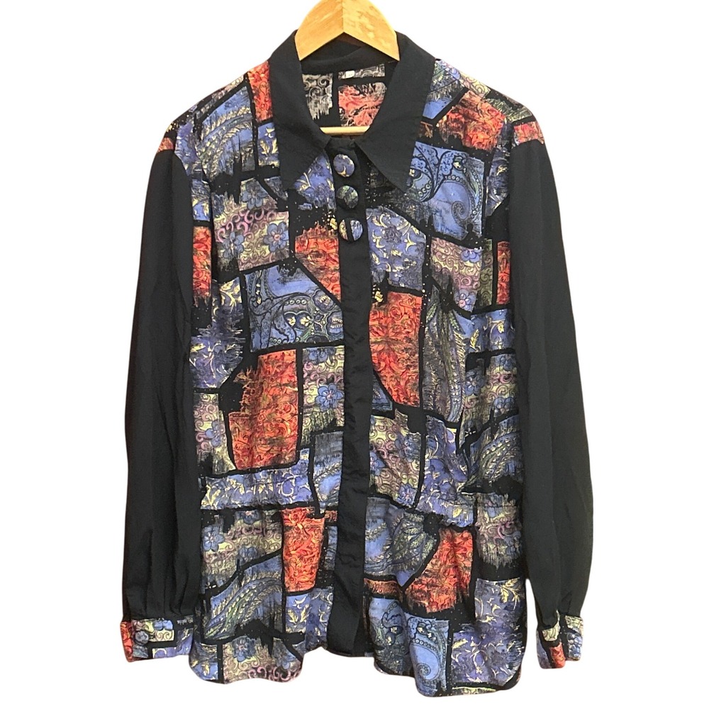 Vintage 90s Patchwork Paisley Blouse Viscose Button Up Artsy Boho Retro Top M